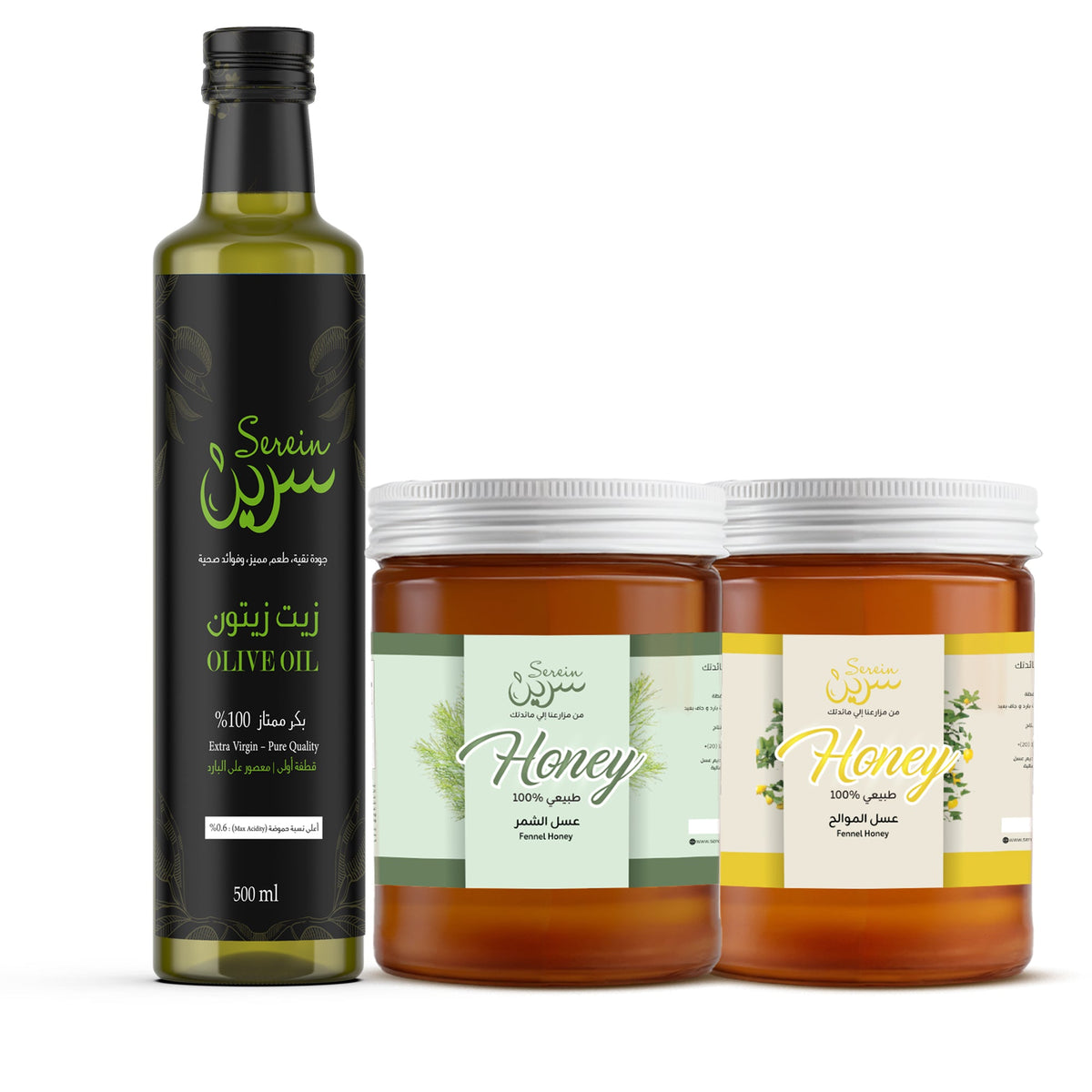 زيت زيتون بكر ممتاز ٥٠٠ مل زجاج + عسل شمر + عسل موالح