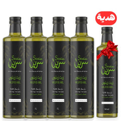 زيت زيتون بكر ممتاز 4 عبوة × 1000مل بلاستيك معتم + ٥٠٠ مل (زجاج معتم هدية)